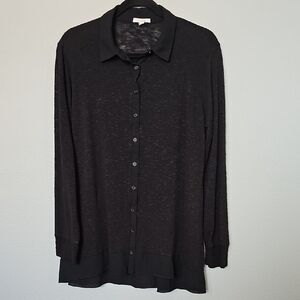 Pleione Goth Minimalist XL Black Chiffon Trim Button-Up Blouse